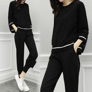 Set: Contrast Trim 3/4-sleeve Top + Sweatpants