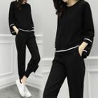 Set: Contrast Trim 3/4-sleeve Top + Sweatpants
