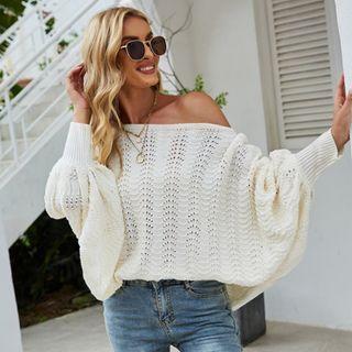 Off-shoulder Pointelle Knit Sweater