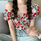 Cherry-printed Off-shoulder Puff-sleeve Shirt
