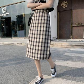 Slit Back Plaid Midi Pencil Skirt