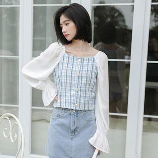 Long-sleeve Panel Plaid Cropped Blouse