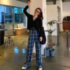 Plain V-neck Long-sleeve Knit Top / Plaid Loose-fit Pants