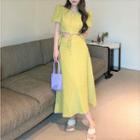 Set: Short-sleeve Cutout Drawstring Blouse + Midi A-line Skirt