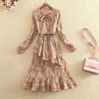 Set: Long-sleeve A-line Midi Dress + V-neck Vest