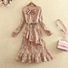 Set: Long-sleeve A-line Midi Dress + V-neck Vest