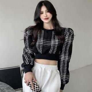 Puff-sleeve Plaid Cropped Sweatshirt