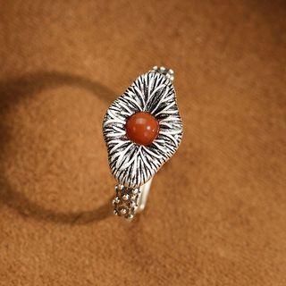 Lotus Leaf Faux Gemstone Sterling Silver Ring 1pc - Silver & Brown - One Size