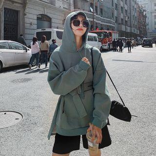 Drawstring Belt-waist Slit Hoodie