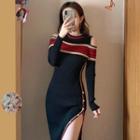 Cold-shoulder Striped Slit Knit Midi Sheath Dress Black - One Size