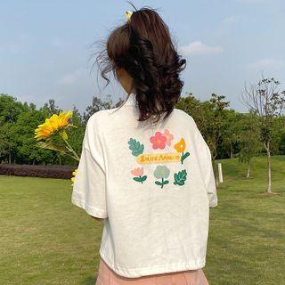 Short-sleeve Flower Print Cropped Polo Shirt