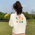 Short-sleeve Flower Print Cropped Polo Shirt