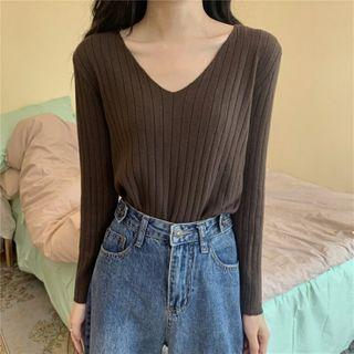 Plain V-neck Long-sleeve Knit Top - 9 Colors