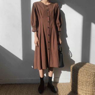 Collarless 3/4-sleeve Midi Shirtdress