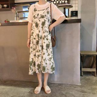Set: Sheer Stand Collar Chiffon Top + Floral Print Spaghetti-strap A-line Dress Top + Dress - One Size