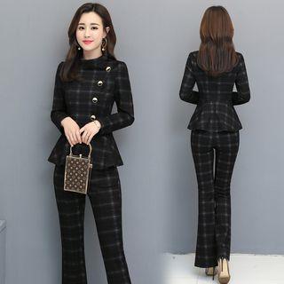 Set: Long-sleeve Plaid Top + Plaid Boot-cut Pants