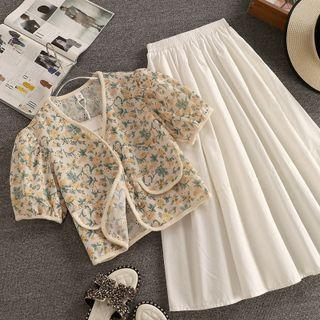 Set: Floral Cropped Blouse + Plain Midi A-line Skirt