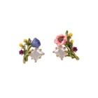 Fashion And Elegant Plated Gold Enamel Flower Asymmetric Stud Earrings With Cubic Zirconia Golden - One Size