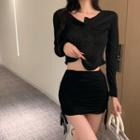 Long-sleeve Henley T-shirt / Drawstring Mini Pencil Skirt