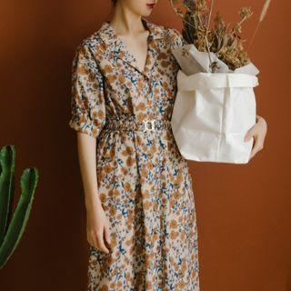 Short-sleeve Open-collar Floral Print Midi A-line Dress