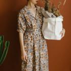 Short-sleeve Open-collar Floral Print Midi A-line Dress