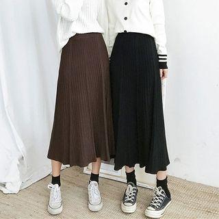 Plain Elastic-waist Pleated Knit Skirt