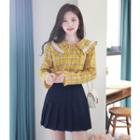 Sailor-collar Lace-trim Plaid Top Yellow - One Size