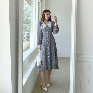 Lace-collar Floral Print Shirtdress Black - One Size