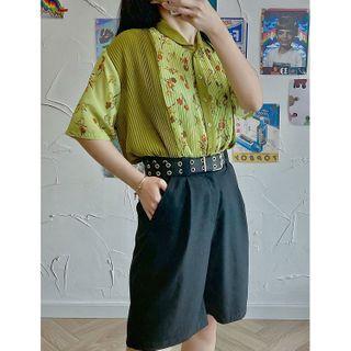 Floral Panel Accordion Pleated Short-sleeve Blouse