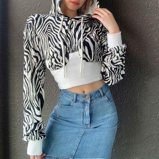 Zebra Print Panel Cropped Hoodie