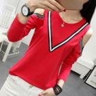 Cutout Shoulder Striped Trim Long-sleeve T-shirt