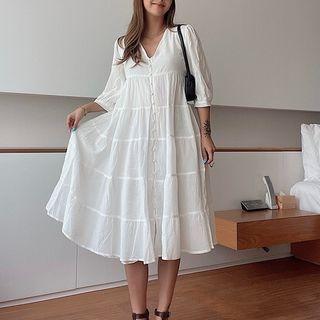 Short-sleeve V-neck Single-breasted Loose-fit Dress