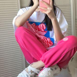 Elbow-sleeve Print T-shirt / Lettering Harem Sweatpants
