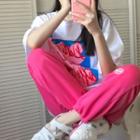 Elbow-sleeve Print T-shirt / Lettering Harem Sweatpants