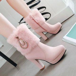 Furry Block Heel Short Boots