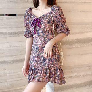 Puff-sleeve Flower Print Ruffle Hem Mini Sheath Dress