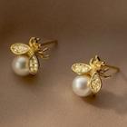 Faux Pearl Rhinestone Bee Sterling Silver Earring 1 Pair - S925 Silver - Stud Earring - Gold - One Size