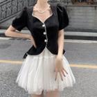 Puff-sleeve Square Neck Blazer Top / Elastic Waist Plain Sheer Skirt