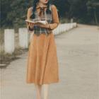 Set: Plaid Double Breasted Vest + Long-sleeve Dress