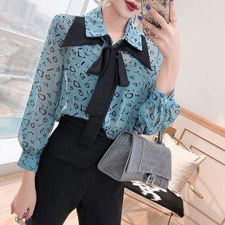 Set: Lettering Tie-neck Blouse + Cropped Dress Pants