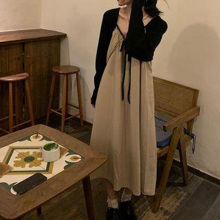 Long-sleeve Plain Cropped Cardigan / Ruched Spaghetti Strap Dress