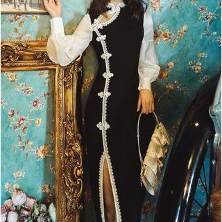 Long-sleeve Paneled Frog Button Midi Sheath Dress
