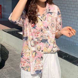 Elbow-sleeve Printed Shirt Pink - One Size