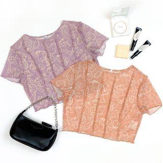 Short-sleeve Ruffle Trim Printed Crop Top
