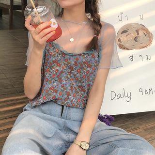 Set: Mesh Short-sleeve Top + Flower Print Camisole Top