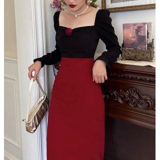 Two-tone Long Sleeve Square-neck Dress