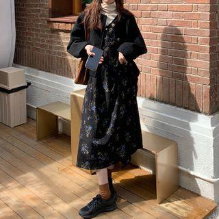 Button Coat / Flower Print Long-sleeve Midi Shift Dress