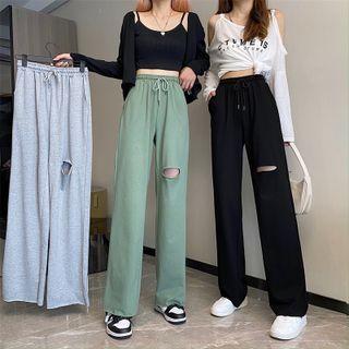 Plain Wide-leg Cut-out Pants