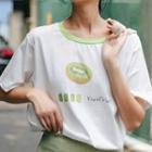 Elbow-sleeve Kiwi Print T-shirt White - One Size