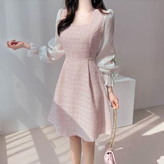 Shimmer-sleeve Flared Tweed Dress